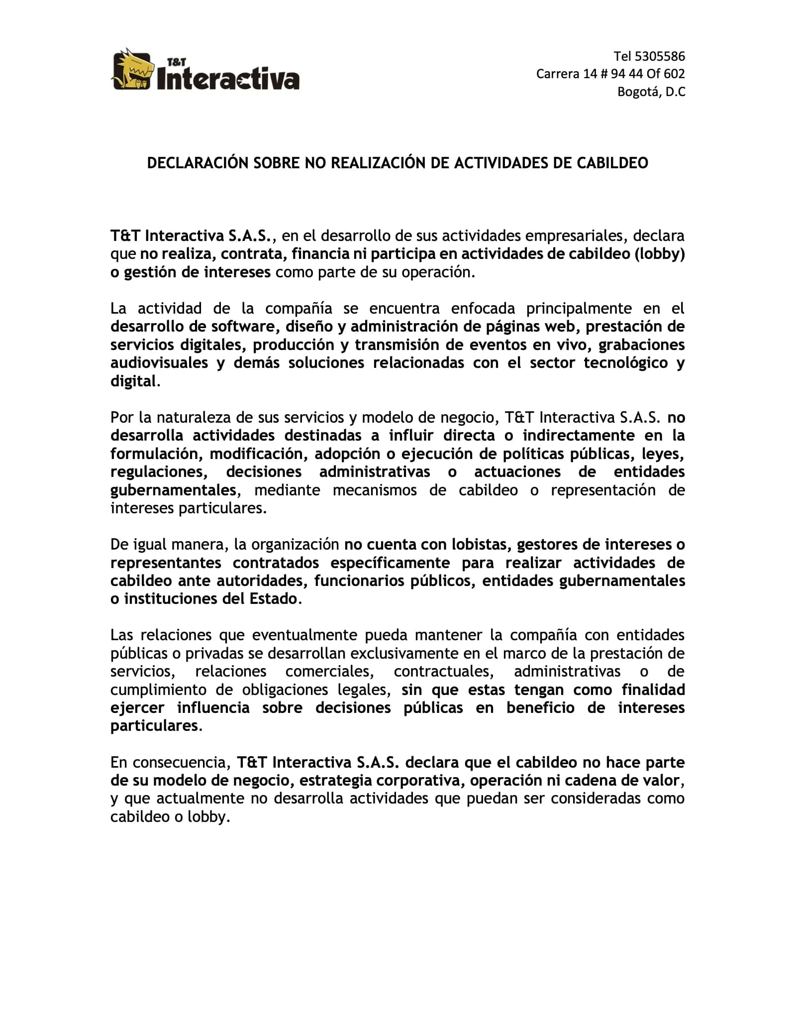 Primera página de la declaración sobre no realización de actividades de cabildeo o lobby.