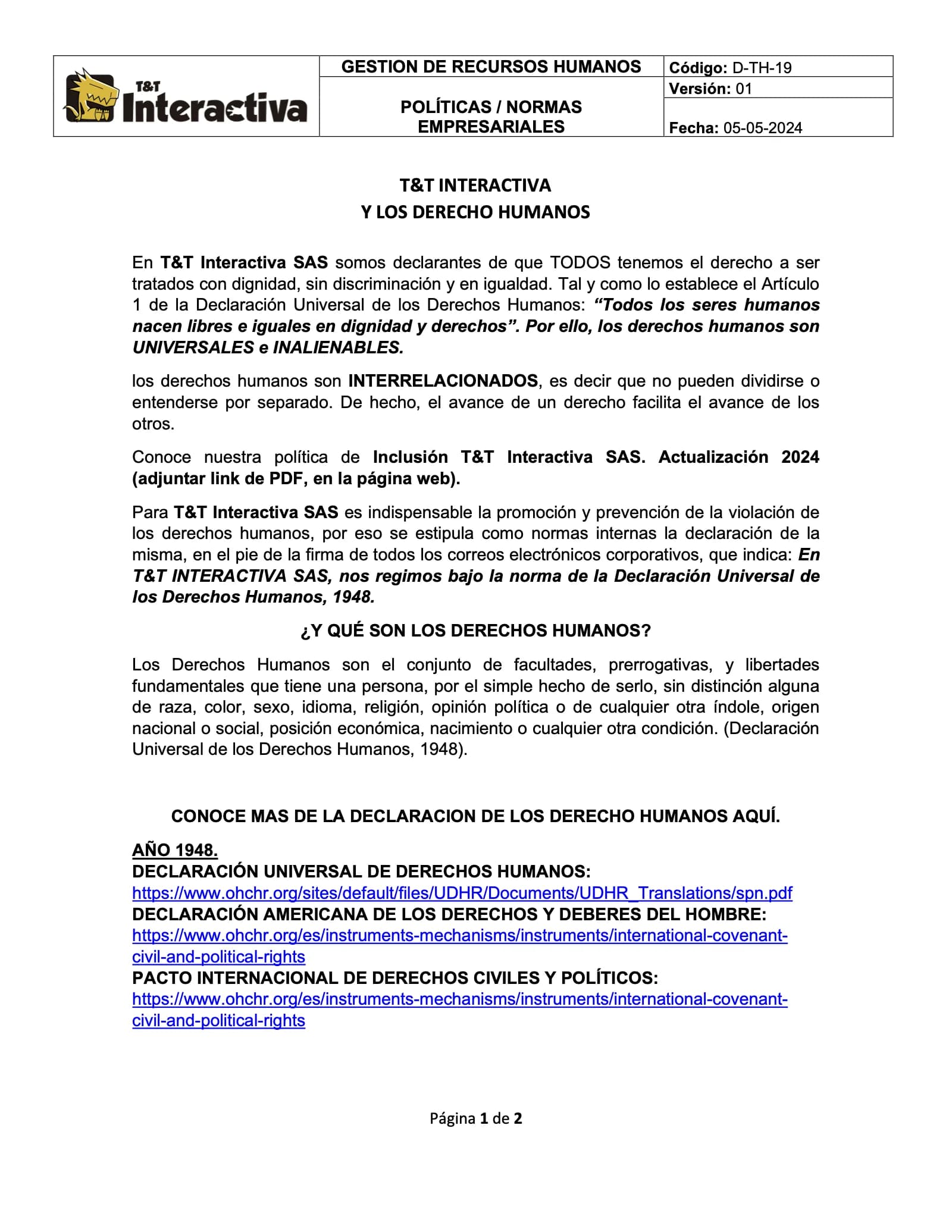 Primera página de T&T y los derechos humanos: el estudio se declara a favor de la dignidad, la igualdad y la Declaración Universal de 1948.