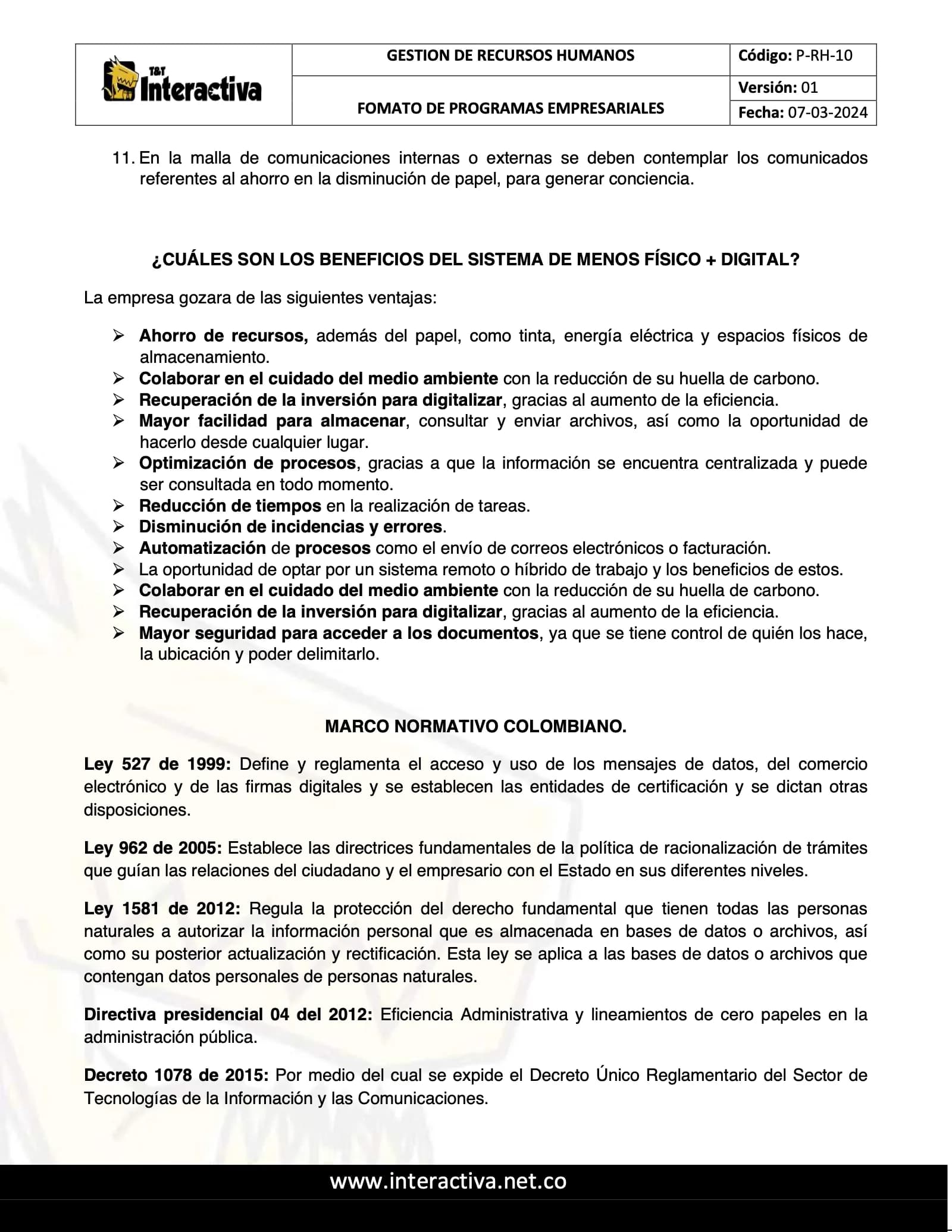 Tercera página del programa Menos físico + digital: beneficios del sistema y el marco normativo colombiano.
