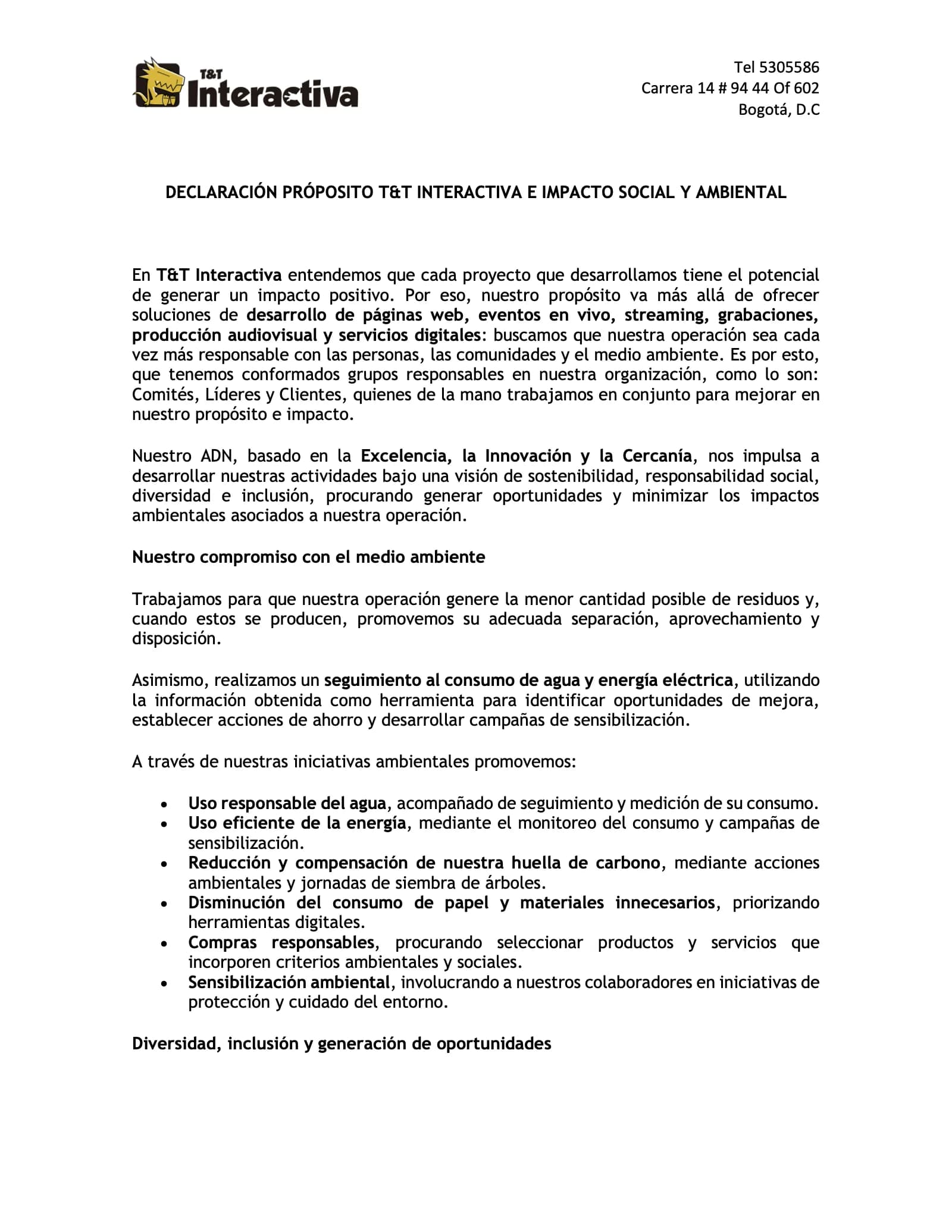 Primera página de la declaración de propósito: impacto social y ambiental, agua, energía, papel e inclusión.