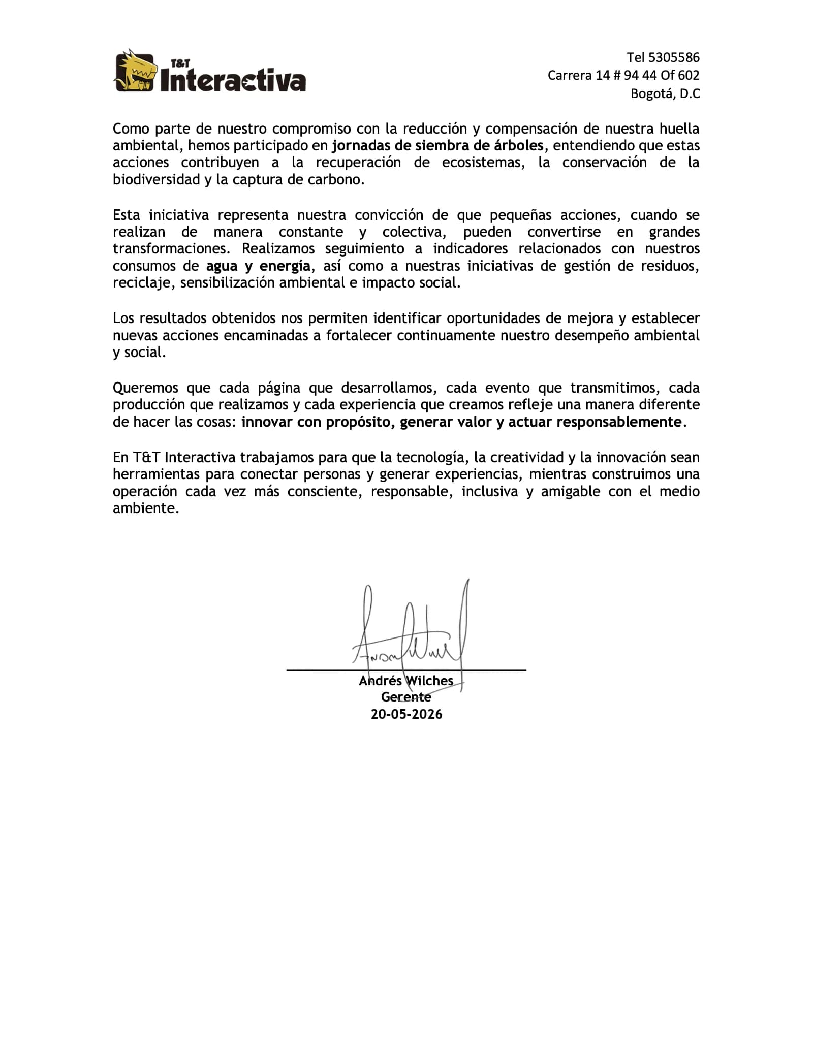 Tercera página de la declaración de propósito de T&T Interactiva.